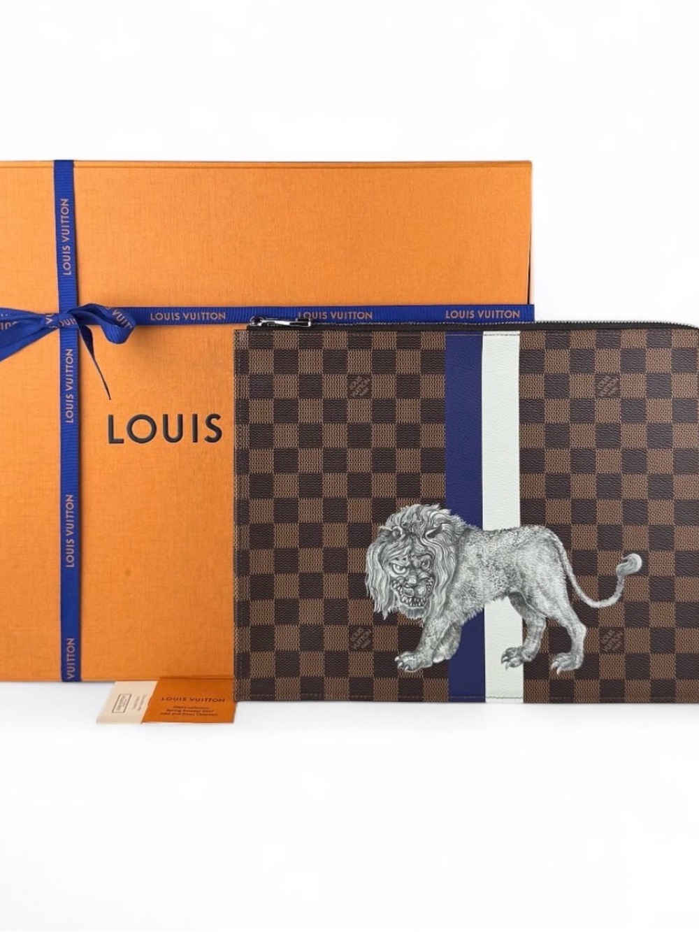 Louis Vuitton Brown Damier Lion Canvas Pouch with Blue & White Stripe